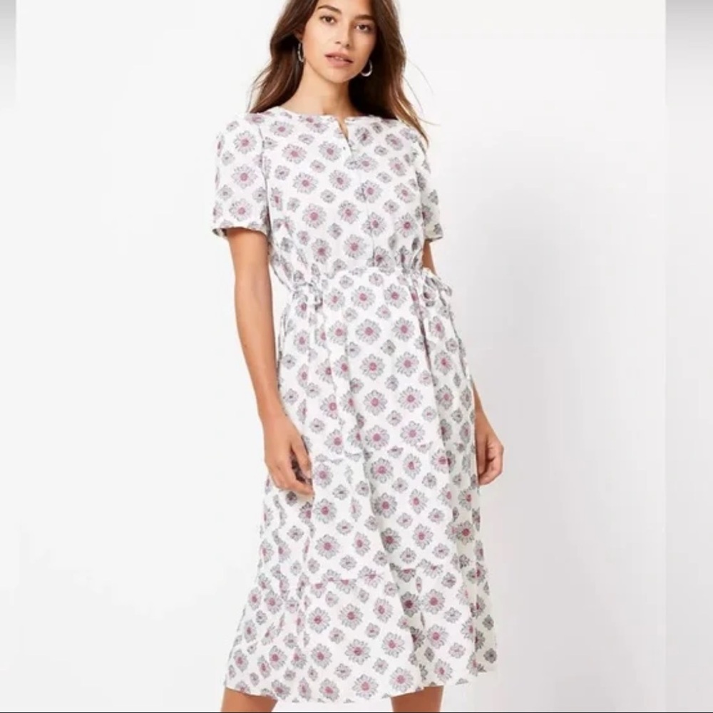 LOFT White and Pink Patterned Midi Dress